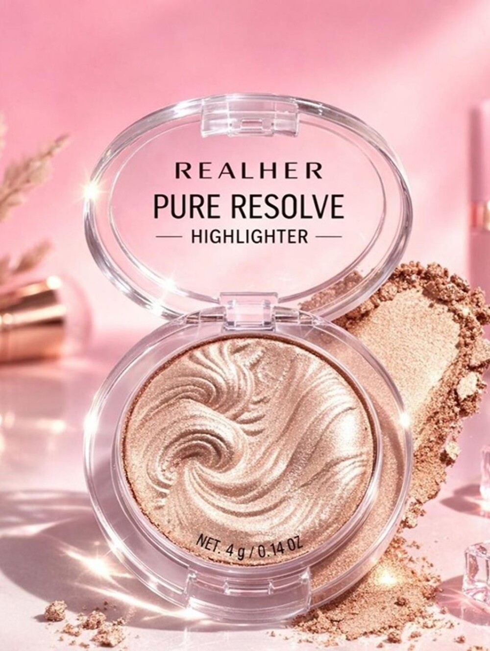 REALHER Pure Resolve Shimmering Highlighter - Champagne Glow Shimmer Compact New